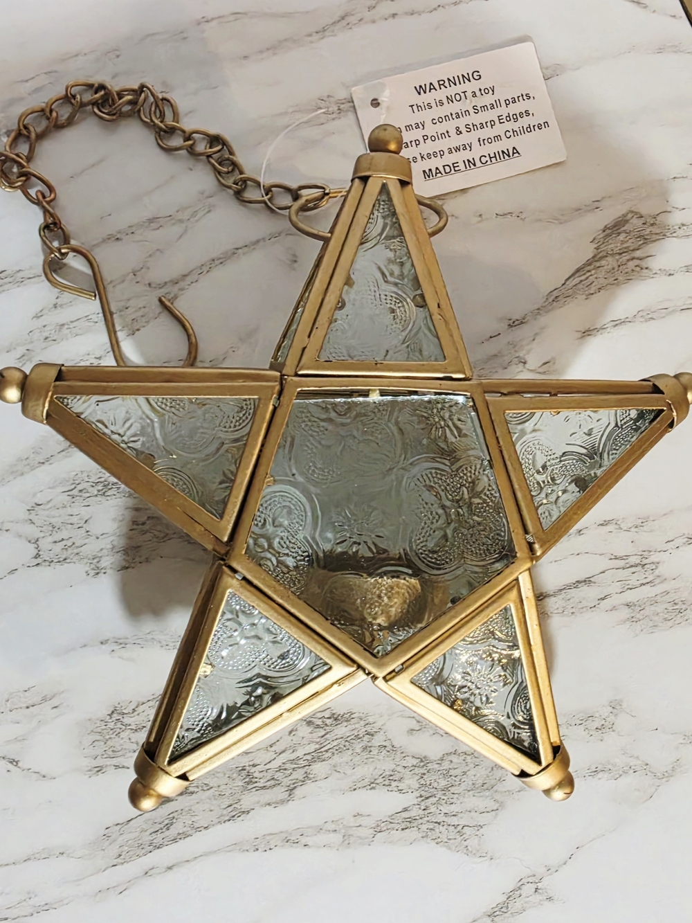 Gold Star Glass Hanging Lantern Tea Light Holder